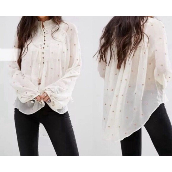 Free People Blouse Womens XS Ready to Run Embroidered Dot Smocked Georgette Top - Picture 2 of 11